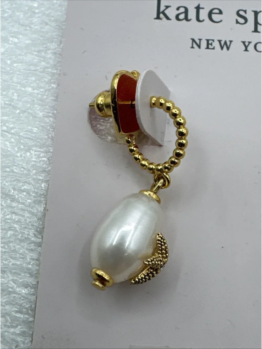 Kate Spade Coral Enamel Fresh Water Pearl Drop Earrings Starfish Gold Tone 1”